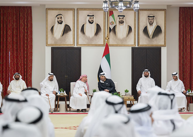 Hamdan bin Zayed receives teachers, citizens at Majlis Zayed City